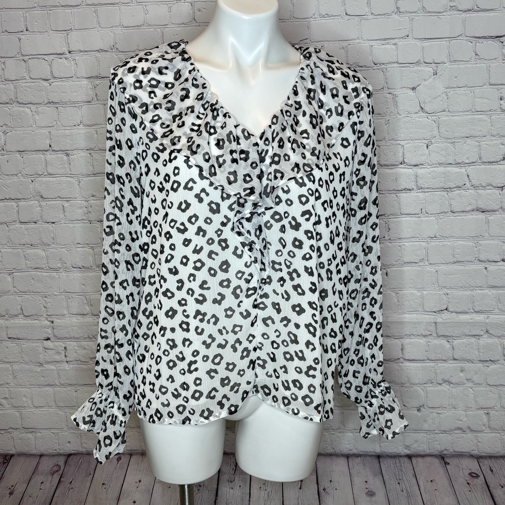 Loft Snow Leopard Print Black and White Ruffle Blouse Size S